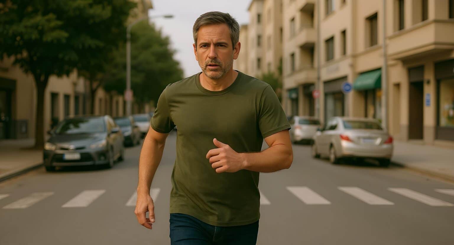 גבר בחולצה ירוקה רץ ברחוב עירוני המוקף במכוניות חונות ובניינים.
